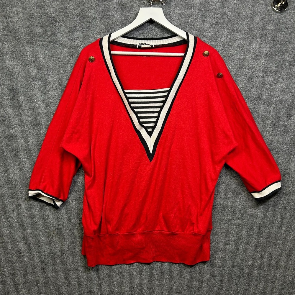 Toni Todd Sweater Top Womens XL Red Good Vintage Striped V-Neck 3/4 Dolman USA